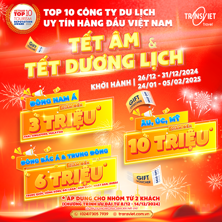 Giảm nhóm đến 10 triệu tour Tết Dương & Âm lịch